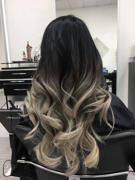 Black Into Blonde Ombre, Black Faded Into Blonde Hair, Dark Brown To Platinum Blonde Ombre, Dark Brown Ombre Hair Cool Tone, Color At Ends Of Hair, Black Roots Light Ends, Black Hair With Ombre Balayage, Black Fading Into Blonde Hair, Hair Colour Ideas For Black Hair Ombre