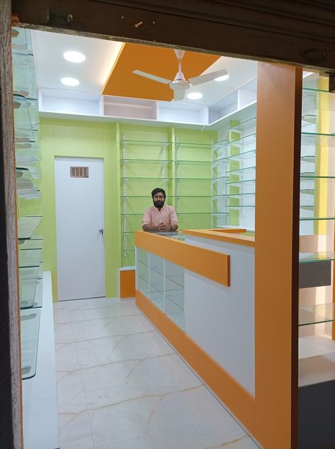 Medical Shop Counter Design, Small Pharmacy Design, Small Pharmacy Design Interior, Medical Store Interior Design, Pharmacy Store Design Interiors, Store Counter Design, Shoes Racks, Retail Store Layout, Mobile Shop Design