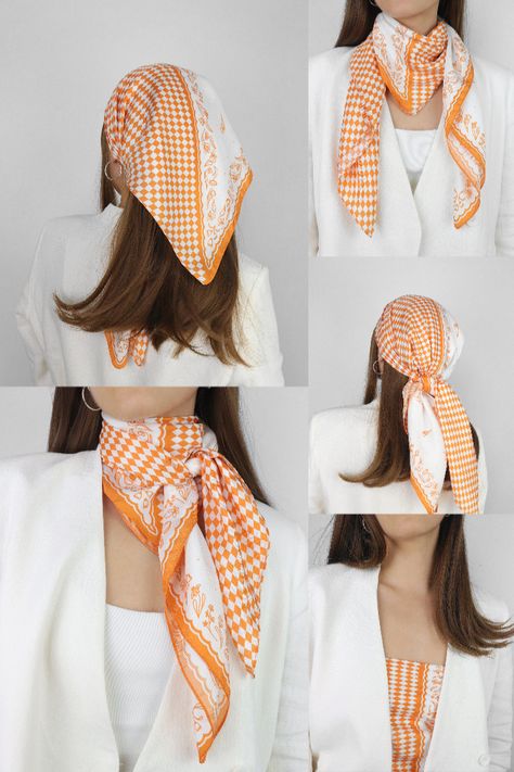 Orange Moodboard, Scarf Designs, Silk Scarf Design, Wear A Scarf, Short Scarves, Hair Scarf Styles, Silk Bandana, Head Scarf Styles, Scarf Bandana