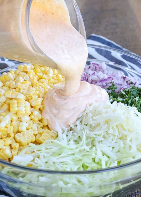 Mexican Street Corn Coleslaw, Street Corn Coleslaw, Creamy Street Corn, Corn Coleslaw, Mexican Coleslaw, Mexican Street Corn Salad Recipe, Spicy Dressing, Mexican Street Corn Recipe, Street Corn Recipe