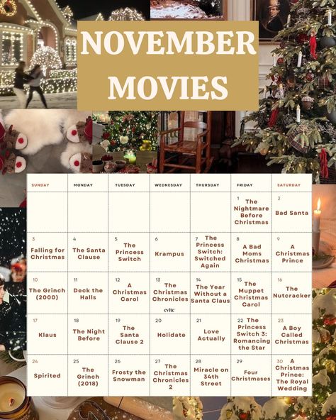 Movies that feel like this 🎄🍪🌟🎁🦌🧦❤️ Save this calendar as the perfect cheat sheet for your next movie night! #evite #christmas #christmasmovies #holidays #holidaymovies #movies #moviecalendar #elf #thegrinch #holidayseason #holidaymood November Movies, Movie Calendar, Santa Call, Calendar November, Classic Holiday Decor, November Christmas, Your Next Movie, Christmas Movie Night, Diy Instagram