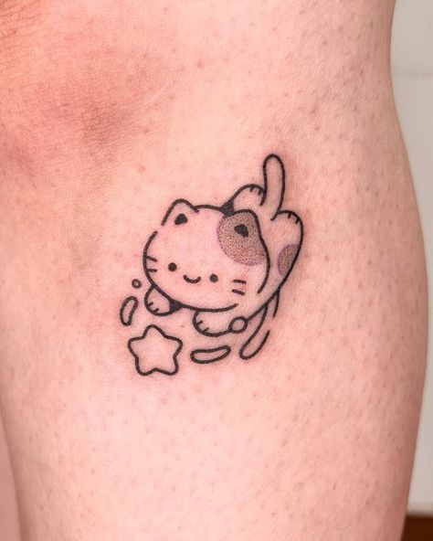 Simple Fairycore Tattoo, Cat Tattoo Simple, 16 Tattoo, Cute Cat Tattoo, Cute Simple Tattoos, Handpoke Tattoo, Cute Little Tattoos, Cute Tiny Tattoos, Doodles Drawings