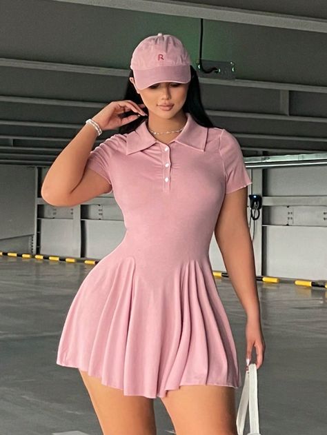 Vestido casual de manga corta con cuello polo liso y minimalista para mujer de talla grande Rosa vieja Casual  manga corta Tela tejida Liso A línea Elástico Ligero  Women Plus Clothing, size features are:Bust: ,Length: ,Sleeve Length: Pink Tennis Dress, Vestidos Sport, Short Flare Dress, Mini Summer Dress, Neon Dresses, High Fashion Outfits, Printed Sleeveless Top, Dress Dusty, Elegant Dresses Long