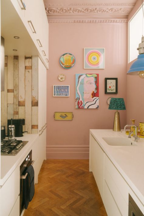 Kitchen White Cabinets, Color Ceiling, Light Pink Walls, London Living Room, Red Palette, Colour Crush, Ceiling Kitchen, Victorian Terrace House, Paint Trends