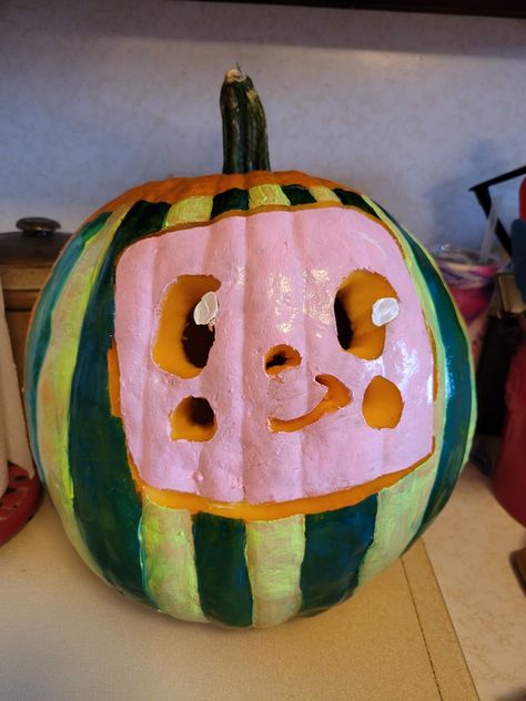 Carved and painted Cocomelon Pumpkin Painting Ideas, Cocomelon Pumpkin Carving, Diwali Pumpkin Painting, Spongebob Carved Pumpkin, Floral Carved Pumpkin, Pumpkin Carvings Stencils, Pumpkin Carving Templates, Painted Pumpkins, Pumpkin Decorating