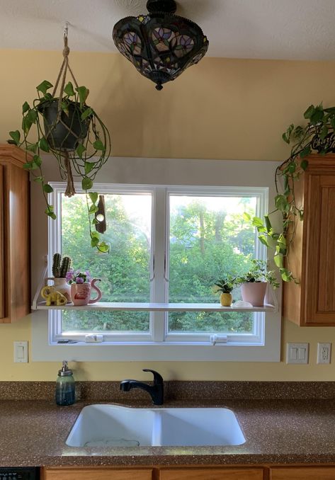 Kitchen Cabinet Plants Above, Shelf In Front Of Window, Kitchen Window Plants Ideas, Kitchen Window Plant Shelf, Plants Above Kitchen Cabinets, Shelf Above Kitchen Sink, Window Sill Plant Shelf, Kitchen Window Sill Ideas, Kitchen Window Plants