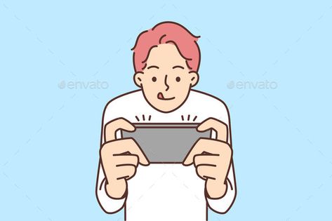 Boy Play Video Game on Mobile Phone Play Video Games, Playing Video Games Drawing, Mobile Game Art, Playing Games On Phone, Mobile Phone Drawing, Playing Phone Illustration, Playing Video Games Illustration, Talking On Phone Illustration, Kid Playing Games On Tv