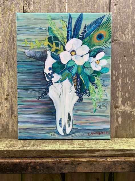 Boho Art Painting, Modern Boho Style, Skull With Flowers, Nature Art Prints, Western Paintings, Soyut Sanat Tabloları, Canvas Painting Diy, Etsy Art Prints, Cow Skull