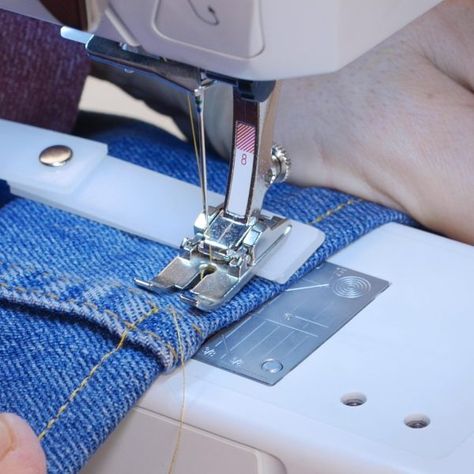 Beginning Sewing Projects, Hemming Jeans, Beginning Sewing, Sewing Hems, Sewing Tables, Denim Wallet, Sewing Jeans, Seam Guide, Bernina Sewing Machine