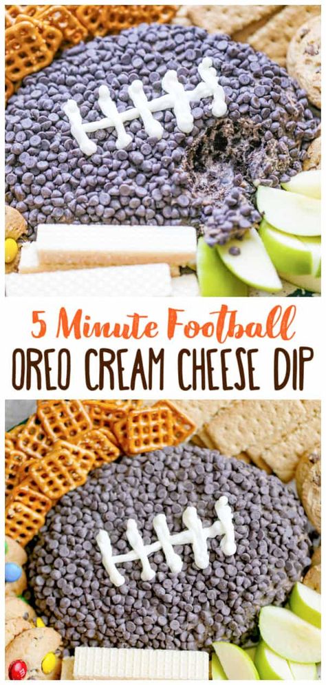 Football Appetizers Crockpot, Cream Cheese Football, Football Game Snacks, Oreo Fluff Dessert, Football Dip, Oreo Dip, Football Dips, Game Day Dip, Football Desserts