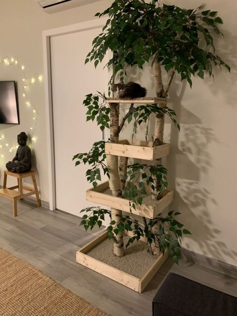 Build Your Own Cat Tower, Cute Cat Area Ideas, Cat Room In Basement, Cat Tree For Small Spaces, Cat Tower In Living Room, Cat Room Closet, Cat Tree Decor, Cat Hallway Ideas, Boho Cat Tree