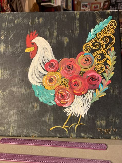 10x10 canvas Kitchen Painting Ideas Canvas Diy Art Farmhouse, Floral Chicken Painting, Chicken Canvas Painting Easy, Chicken Coop Mural Ideas, Chicken Painting Whimsical, Diy Sip And Paint Canvas Ideas, Chicken Coop Painting, Chicken Painting Acrylic, Chicken Canvas Painting