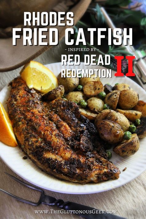 Rhodes Fried Catfish inspired by Red Dead Redemption II. Recipe by The Gluttonous Geek. Fantasy Cooking, Fantasy Recipes, Tavern Food, Blackening Seasoning, Catfish Recipe, Movie Recipes, Video Game Food, Catfish Recipes, Themed Recipes