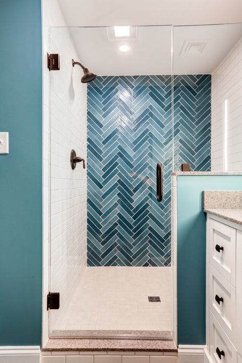 Blue Tiled Bathrooms Ideas, Blue Chevron Shower Tile, Blue Glass Bathroom Tile, Small Bathroom Ideas Blue Tile, Bold Shower Tile, Blue Glass Tile Shower Ideas, Blue Bath Tile, Blue White Tile Bathroom, Teal Tile Shower Ideas