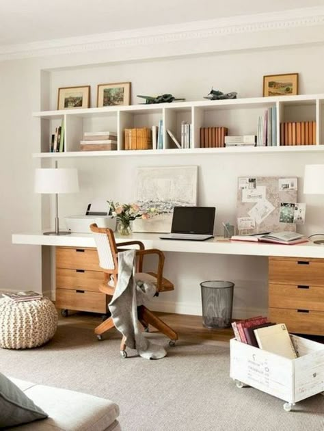 55 Incredible DIY Office Desk Design Ideas and Decor - Office Desk - Ideas of Office Desk #OfficeDesk - Office inspiration with shelves above desk and built in desk area. Shelves Above Desk, Office Cabinet Design, Butcher Block Desk, Diy Butcher Block, Diy Office Desk, Office Desk Designs, Home Office Cabinets, Office Shelving, Storage Desk