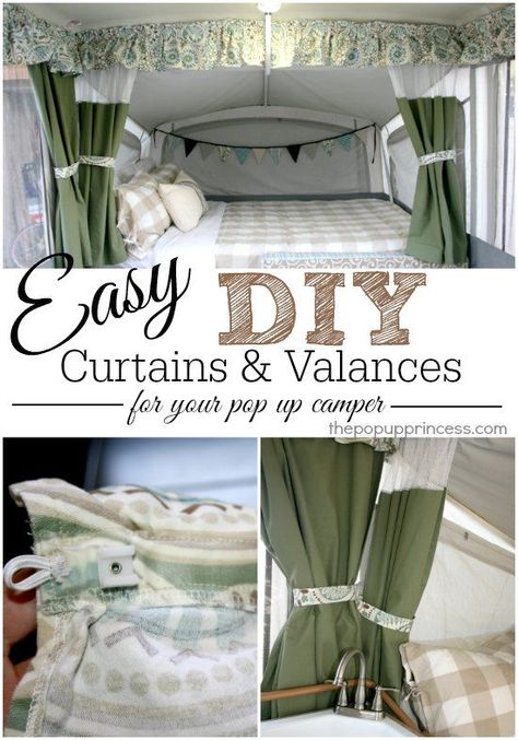 How to Make Your Own Pop Up Camper Curtains:  Some great tips and tricks for making custom curtains for your pop up tent trailer. Diy Pop Up Camper, Tent Trailer Remodel, Pop Up Princess, Popup Camper Remodel, Pop Up Tent Trailer, Camper Curtains, Pop Up Trailer, Diy Pop, Camper Hacks