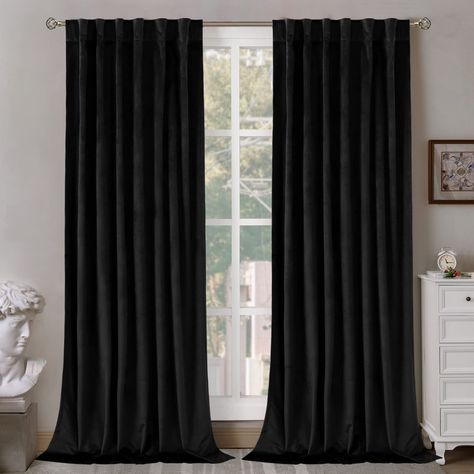 PRICES MAY VARY. Package Includes: Set of 2 black soft velvet curtains; each panel measures 52 Inch wide by 84 Inch long, with 5 back tabs and 3” rod pocket fits most standard rods and makes the maximize coverage of windows. 3 Hanging Options: Our curtains can be styled in 3 ways: back loops, rod pocket or with your own clip - rings. Luxury Look: The curtains are made of high-quality thick velvet, giving the skin a soft touch,and the heavy texture creates a comfortable and luxury effect in the room. Light Dimming: Thick and heavy velvet drapes can block most sunlight to create a dark and cozy environment. Also provide privacy. Tips: Each curtain size is measured fully unfolded. The total width of the curtains should be greater than 2 times the window width, curtain length should to be grea Grey Velvet Curtains, Pocket Window, Fitted Bedrooms, Velvet Drapes, Tab Curtains, Curtain Room, Insulated Curtains, Curtain Sizes, Drape Panel