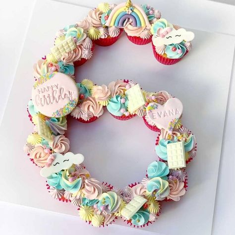 Unicorn Number Cake, Pull Apart Cupcake, Pull Apart Cupcake Cake, Pull Apart Cake, 6th Birthday Cakes, Pastel Cupcakes, Rainbow Birthday Cake, Pull Apart Cupcakes, Number Cake Toppers