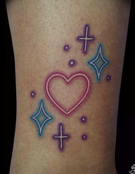 Tattoo Ideas Carebear, Name Placements Tattoos, Tattoos That Look Like Stickers, Chemical X Tattoo Powerpuff, Easy Color Tattoos, Cute Pastel Tattoo, Colorful Freckles Tattoo, Pinkie Pie Cutie Mark Tattoo, Sewn Tattoo