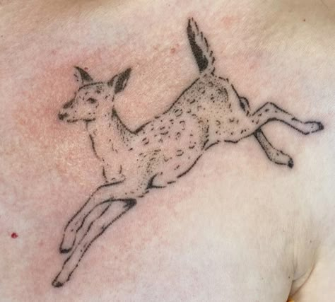 Deer Tattoo Feminine, Mini Deer Tattoo, Two Deer Tattoo, Deer Tattoo Aesthetic, Block Tattoo Idea, Minimal Deer Tattoo, Deer Back Tattoo, Dainty Deer Tattoo, Fawn Tattoo Minimalist