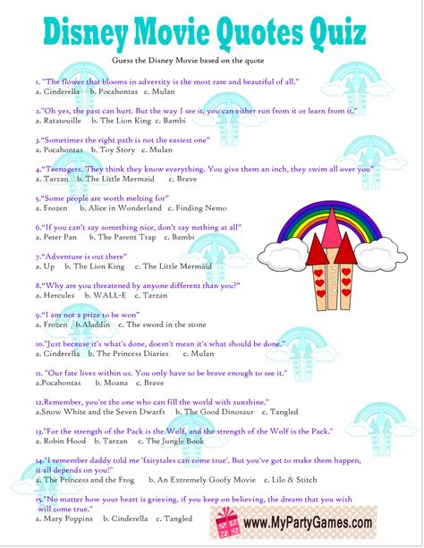 Disney Movie Trivia Questions, Disney Activity Sheets Free Printables, Disney Party Games For Adults, Disney Quiz Questions And Answers, Disney Riddles, Disney Trivia Questions And Answers, Disney Friendship Quotes, Disney Movie Quiz, Disney Party Games