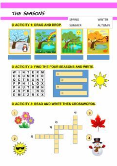 The four seasons Language: English Grade/level: 3rd grade Primary School School subject: English as a Second Language (ESL) Main content: Seasons Other contents: The four seasons English Primary School, Seasons Worksheets, Weather Worksheets, Free Time Activities, English Activities For Kids, Seasons Activities, Preschool Activities Toddler, English Worksheets For Kids, School English