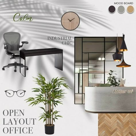 Office Concept Board, Industrial Office Mood Board, Moodboard Office, Mod Board, Office Layout Plan, Industrial Style Office, Startup Design, Office Design Inspiration, Office Themes