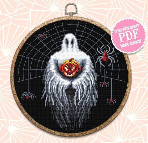 Cross stitch pattern - ghost cross stitchs with pumpkin cross stitch and halloween spider. This halloween pattern is modern and light. Easy cross stitch suitable for beginner stitch. Spooky cross stitch is a great DIY home decor. Creepy cross stitch and horror cross stitch is sure to please Halloween lovers. The diagrams for stitch halloween are prepared for instant download PDF. Fabric: 16 count Black Aida Stitches: 136 x 135 Size: 8.50 x 8.44 inches or 21.59 x 21.43 cm Colours: 14 (DMC) This P Spider Cross Stitch, Creepy Cross Stitch, Horror Cross Stitch, Ghost Cross Stitch, Spooky Cross Stitch, Pumpkin Cross Stitch, Cross Stitch Halloween, Halloween Cross Stitch Patterns, Stitch Halloween