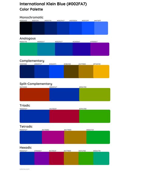 International Klein Blue color palettes Klein Blue Color Palette, Vibrant Blue Color Palette, All Shades Of Blue Color Pallets, Yves Klein Blue Color Palette, Blue Colour Pallete Shades, Electric Blue Color Pallete, Bleu Pantone, International Klein Blue, Cobalt Blue Outfit