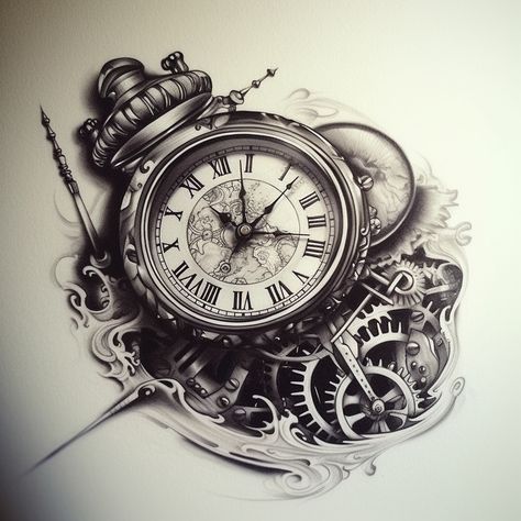 Timepiece Tattoo Design, Watch Tattoo Men, Old Clock Tattoo Design, Old Watch Tattoo, Clock Tattoo Design For Men, Old Clock Tattoo, Timepiece Tattoo, Clock Face Tattoo, Word Tattoo Designs