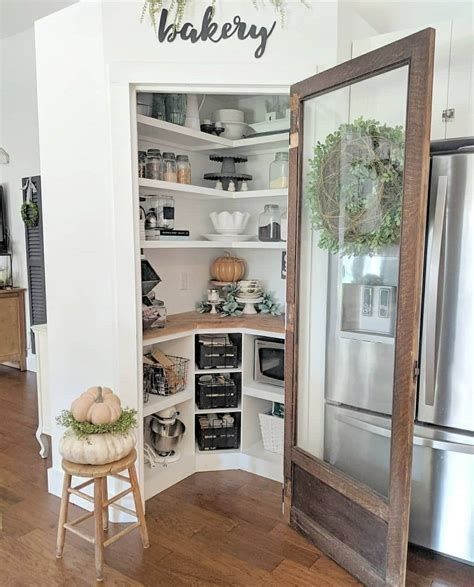 13 Walk-in Corner Pantry Ideas for Small Kitchens - GoTinySpace Closet Pantry With Microwave, Walk In Pantry Wall Ideas, How To Build Corner Pantry, Walk In Pantry Small Spaces, Built In Pantry Corner, Fridge Stove Pantry Wall, How To Add Pantry To Small Kitchen, Transform Small Pantry, How To Create Pantry In Small Kitchen