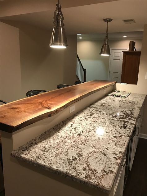 Bar Top Island, Bar Edge Ideas, Live Edge Oak Countertop, Wooden Bar Top Basement, Granite Bar Top Ideas, Live Edge Bar Counter, Love Edge Bar Top, Live Edge Countertop Bar Tops, Raised Countertop Bar