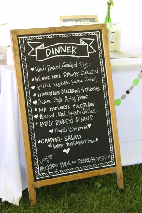 Rustic wedding, BBQ, pig roast, chalkboard menu Pig Roast Wedding, Backyard Bbq Wedding Reception, Pig Roast Party, Wedding Menu Chalkboard, Bbq Inspiration, Bbq Wedding Reception, Backyard Bbq Wedding, Rustic Wedding Foods, Lodge Ideas