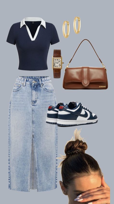 Modest Hot Day Outfit, Christian Outfits For Women Summer, Denim Maxi Skirt Outfit Summer Casual, Jumper Skirt Outfit Denim, Casual Christian Outfits For Women, Outfits With Long Jean Skirt, Skirt College Outfit, Knee Length Jean Skirt Outfits, Long Jean Skirt Outfits Winter