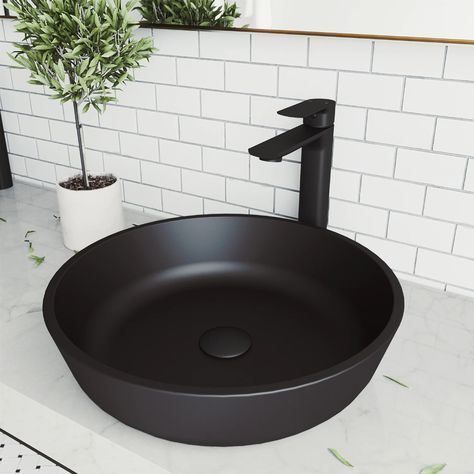 VIGO Modus Matteshell Glass Vessel Round Bathroom Sink with Faucet (Drain Included) (16.5-in x 16.5-in) in the Bathroom Sinks department at Lowes.com Shell Sink, Black Bathroom Sink, Black Faucet, Modern Bathroom Sink, Drain Opener, Vessel Faucets, Glass Sink, Vessel Bathroom Sink, Clean Sink