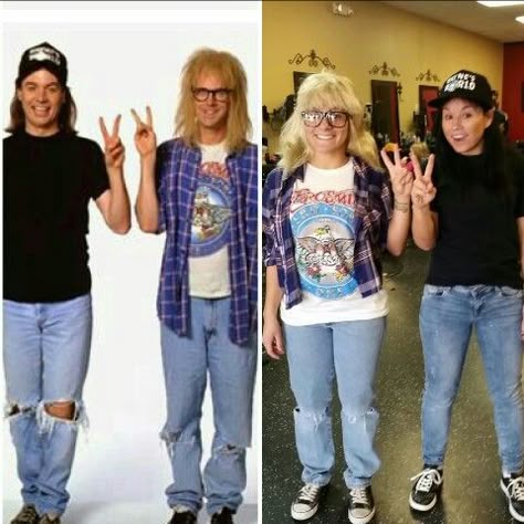 Waynes World Couple Costume, Wayne’s World Halloween Costume, Wayne’s World Couples Costume, 90s Fancy Dress Ideas Couples, Wayne’s World Diy Costume, Waynes World Costume Couples, Wayne’s World Costume, 80s Family Costume Ideas, 90 Costume Ideas 90s Party