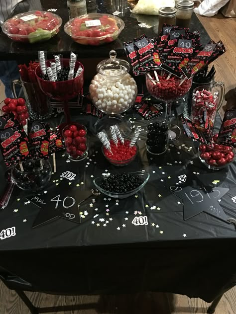 Black Silver Red Party Decor, Sweet 16 Decorations Red And Black, Black And Red Candy Table, Black Party Snacks, Black And Red Birthday Party Decorations, Red Candy Table, Red And Black Party Ideas, Red And Black Sweet 16, Red And Black Sweet 16 Party Ideas