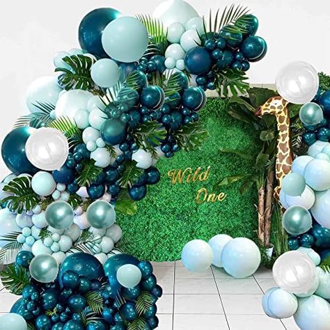 Teal Balloon Garland, Teal Balloons, Safari Baby Shower Boy, Hanging Balloons, Blue Party Decorations, Balloons For Birthday, Girls Birthday Party Decorations, Green Jungle, Clear Balloons