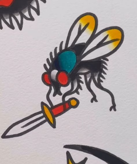 Fly Tattoo Traditional, Traditional Submarine Tattoo, Beetle Finger Tattoo, 90s Pop Culture Tattoo, Small Neo Traditional Tattoo Flash Art, Traditional Tattoo Style Drawings, Eyeball With Wings Tattoo, Small Bug Tattoo Ideas, American Traditional Tattoo Women