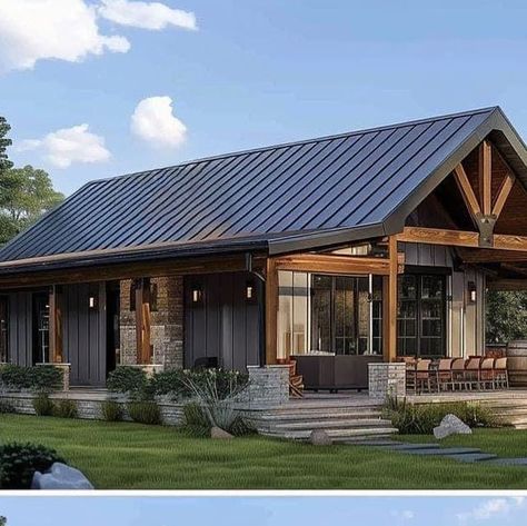 Barndominium Design | Inspiration on Instagram: "Barndo with a wrap around porch #barndo #barndominiums #barndominium #barndoenvy" Barndominium Ideas With Porch, Barndominium Entrance, Barndominium Porch Ideas, Barndominium Landscaping, Metal Barn Homes, Wrap Around Porch, Barndominium, Barn House, Porch