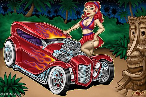 Scarlet Tiki by Britt8m on DeviantArt Ed Roth Art, Cartoon Car Drawing, Pin Up Drawings, Monster Car, Cool Car Drawings, Lucky 13, Car Artwork, Garage Art, Dope Cartoon Art