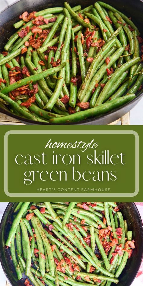 Cast iron skillet green beans are always popular. This recipe is simple, but so delicious. The bacon and shallots add a touch of sweetness and savory goodness that takes these green beans to the next level. French Green Bean Recipes, Green Bean Recipes Skillet, Frozen Green Bean Recipes, Grean Beans, Green Beans With Shallots, Skillet Green Beans, Beans With Bacon, Parmesan Green Beans, French Green Beans