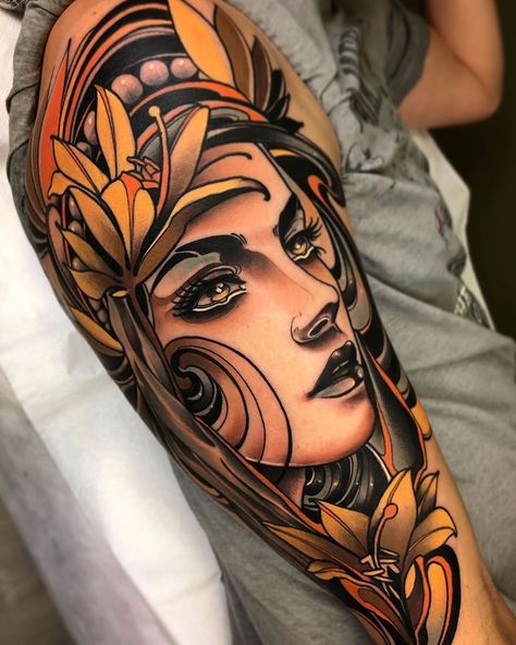 Tattoo Art Gallery on Instagram: “Tattoo by @fedealmanzor 🍂 • #neotraditional #neotraditional #tattoo #neotraditionaltattoo #tattoos #ink #tattooartist #tattooed #inked…” 42 Tattoo, Valkyrie Tattoo, Neo Tattoo, Neotraditional Tattoo, Traditional Tattoo Sleeve, Traditional Tattoo Design, Traditional Tattoo Art, Traditional Tattoo Flash, Face Tattoos