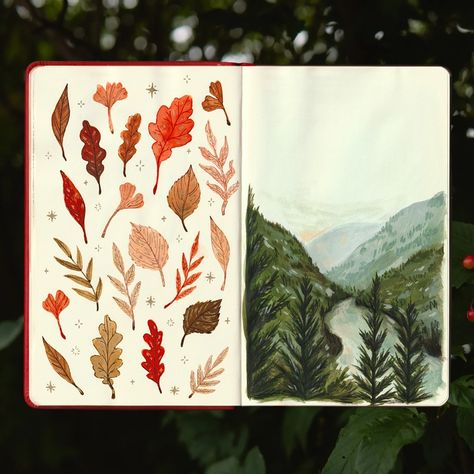 🏔️🍂🌱 Some orange leaves because autumn starts in August (I don’t make the rules)! And a gouache landscape of one of the place I visited during my road trip with my partner. The view was amazing! 🏷️ #sketch #sketchbook #painting #gouache #ink #sketching #watercolor #leaves🍁 #leafillustration #landscape #gouacheart #gouachelandscape #landscapepainting Autumn Leaves Drawing, Autumn Sketchbook, Autumn Sketches, Fall Leaves Drawing, Ink Sketching, Sketching Watercolor, Sketchbook Spreads, Gouache Landscape, Fall Illustration