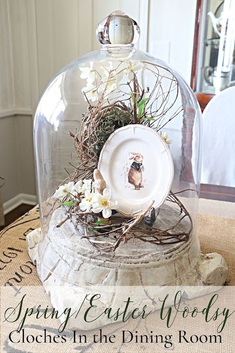 common ground : Woodsy Cloche for Spring and Easter Glass Cloche Decor, Cloche Display, Cloche Decor, Cloche Domes, Bunny Plates, Garden Basket, Faux Hydrangea, Glass Cloche, Common Ground