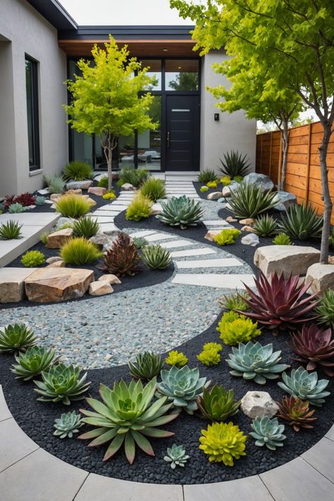 20 Modern Front Yard Landscaping Ideas - Toolz Geek Dg Front Yard Landscape, Pebble Landscaping Ideas Front Yard, Modern Xeriscape Front Yard, Zen Front Yard Landscaping, Drout Tolerant Landscaping Front Yard, Rock Garden Front Yard, California Front Yard Landscaping Ideas, Brick Planters, Desert Plants Landscaping