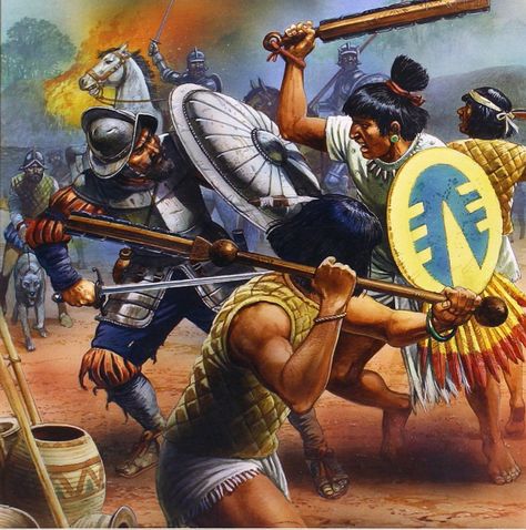 Melee combat between Spanish Conquistadores and Aztec warriors Aztec Civilization, Aztec Empire, Mexican Culture Art, Historical Warriors, Spanish Conquistador, Aztec Culture, Aztec Warrior, Ancient Warfare, Maputo