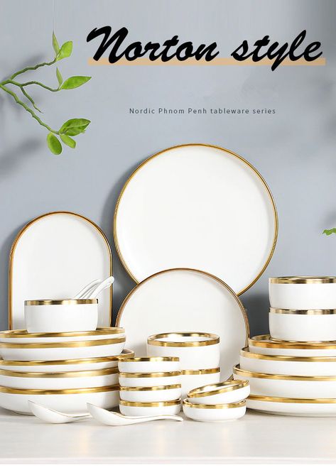 Gilt Rim White Porcelain Dinner Plate Set Kitchen Plate Ceramic Tableware Food Dishes Rice Salad Noodles Bowl Mug Cutlery Set 1p|Dishes & Plates| - AliExpress Dinner Tray, White Tableware, Gold Dinnerware, Kitchen Plate, Ceramic Dinnerware, Dinner Set, Ceramic Tableware, Dinner Plate Sets, Dish Sets