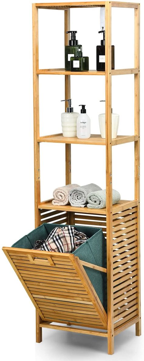 Amazon.com: Giantex 63'' Tilt Out Laundry Hamper and 4-Tier Storage Shelves, Removable Clothes Basket with Easy Carry, Bamboo Tower Hamper Organizer, Great for Bathroom, Bedroom, Laundry Room, Closet, Nursery: Home Improvement Laundry Basket With Shelf, Bamboo Laundry Basket, Laundry Hamper Shelf, Laundry Basket With Shelves, Small Bathroom Laundry Basket, Laundry Hamper With Shelves, Bathroom Hamper Ideas, Aesthetic Laundry Basket, Hamper Shelf