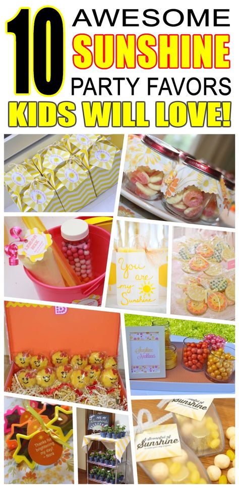 Great sunshine party favors kids will love. Fun and cool sunshine birthday party favor ideas for children. Easy goody bags, treat bags, gifts and more for boys and girls. Get the best sunshine birthday party favors any child would love to take home. Loot bags, loot boxes, goodie bags, candy and more for sunshine party celebrations. Sunshine Party Favors, Sun Party Favors, Party Favor Ideas For Kids, Toddler Party Favors, Sunshine Decorations, Awesome Party Favors, Lollipop Birthday, Sunshine First Birthday, First Birthday Party Favor